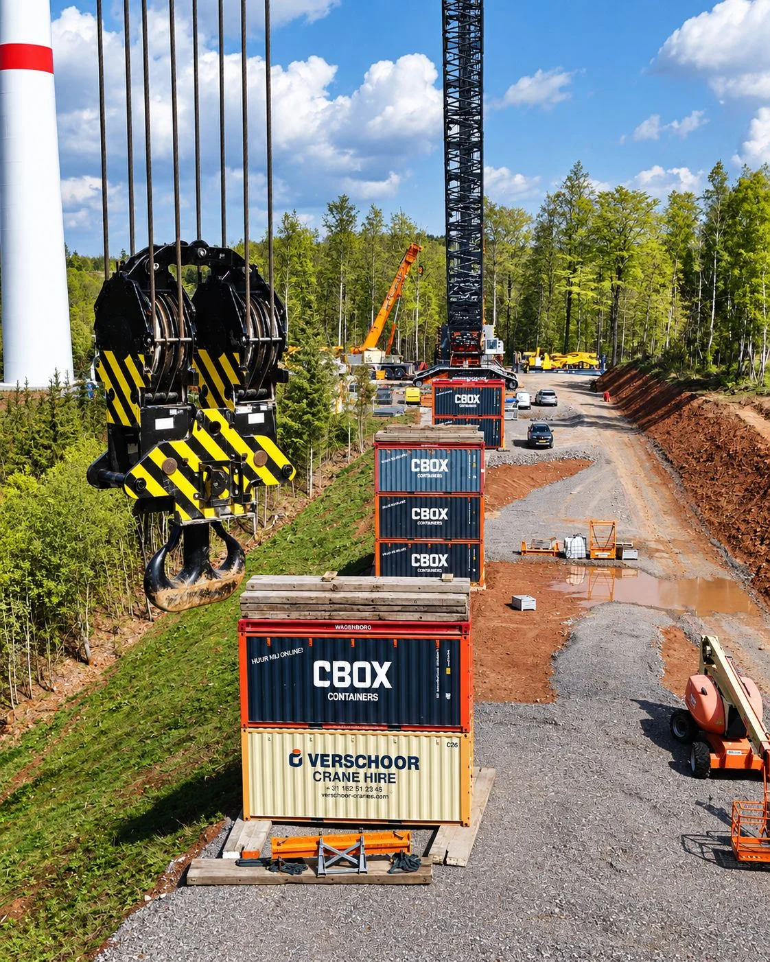 overview of the crane boom and stacked CBOX containers at Langer Wald