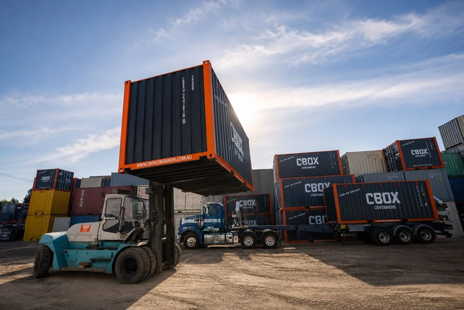 CBOX containers stacked in a depot