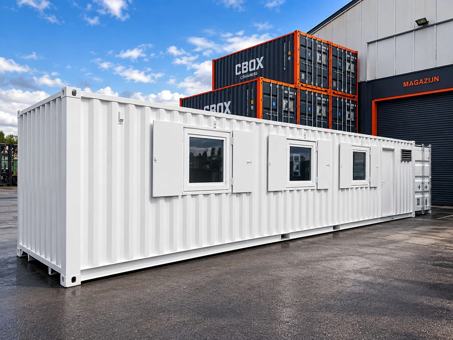 White 40ft shipping container modified by CBOX as the basis for a DigiTruck