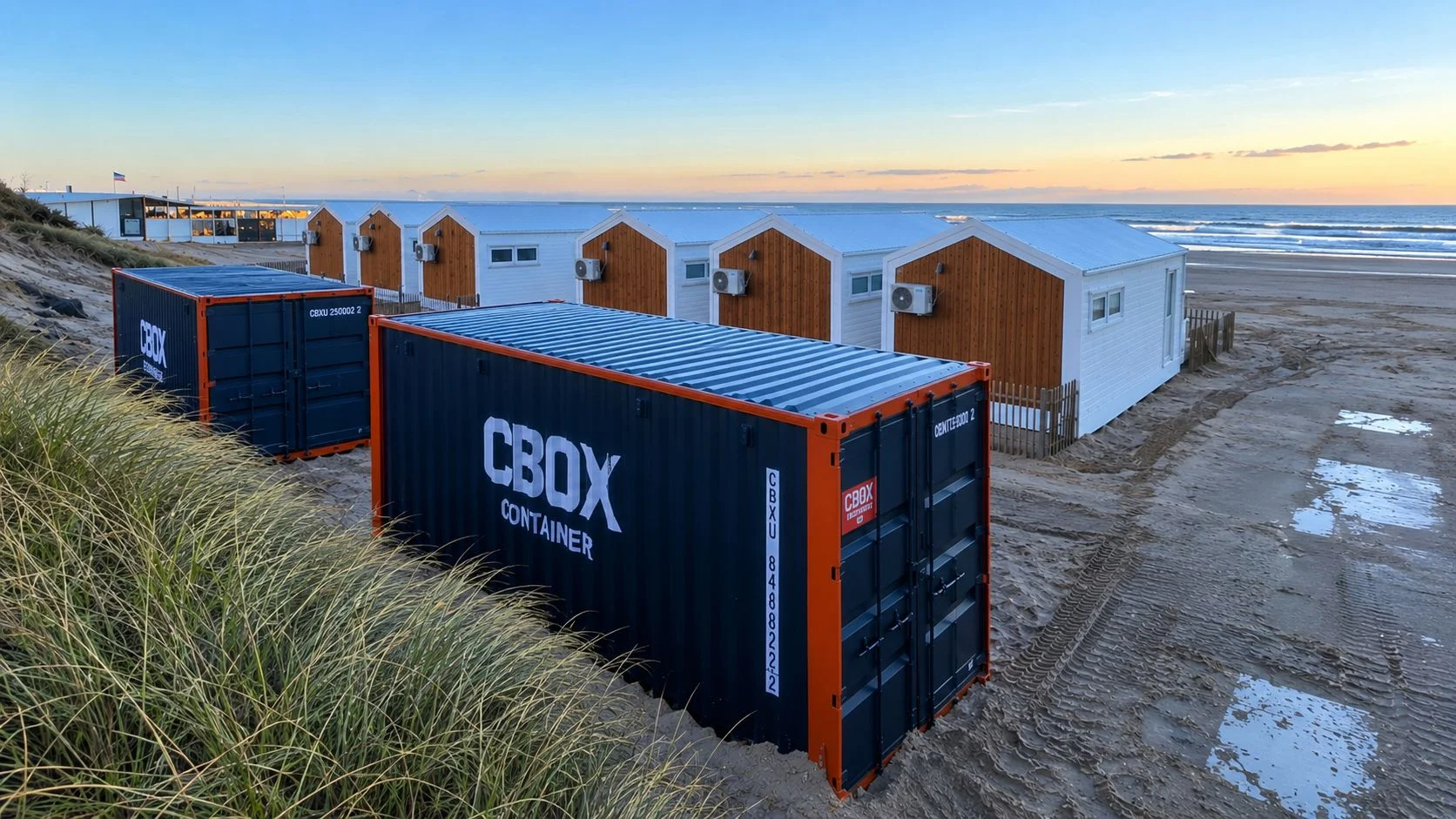 CBOX storage containers placed on the beach for seasonal storage at Dutch beach pavilions