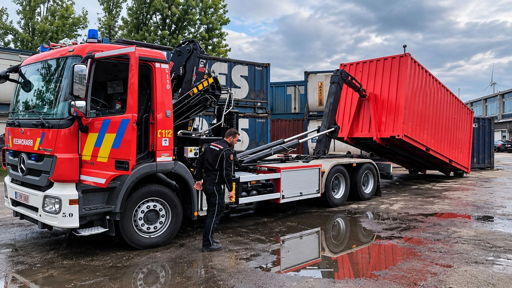 mobile training container being loaded onto the fire service vehicle
