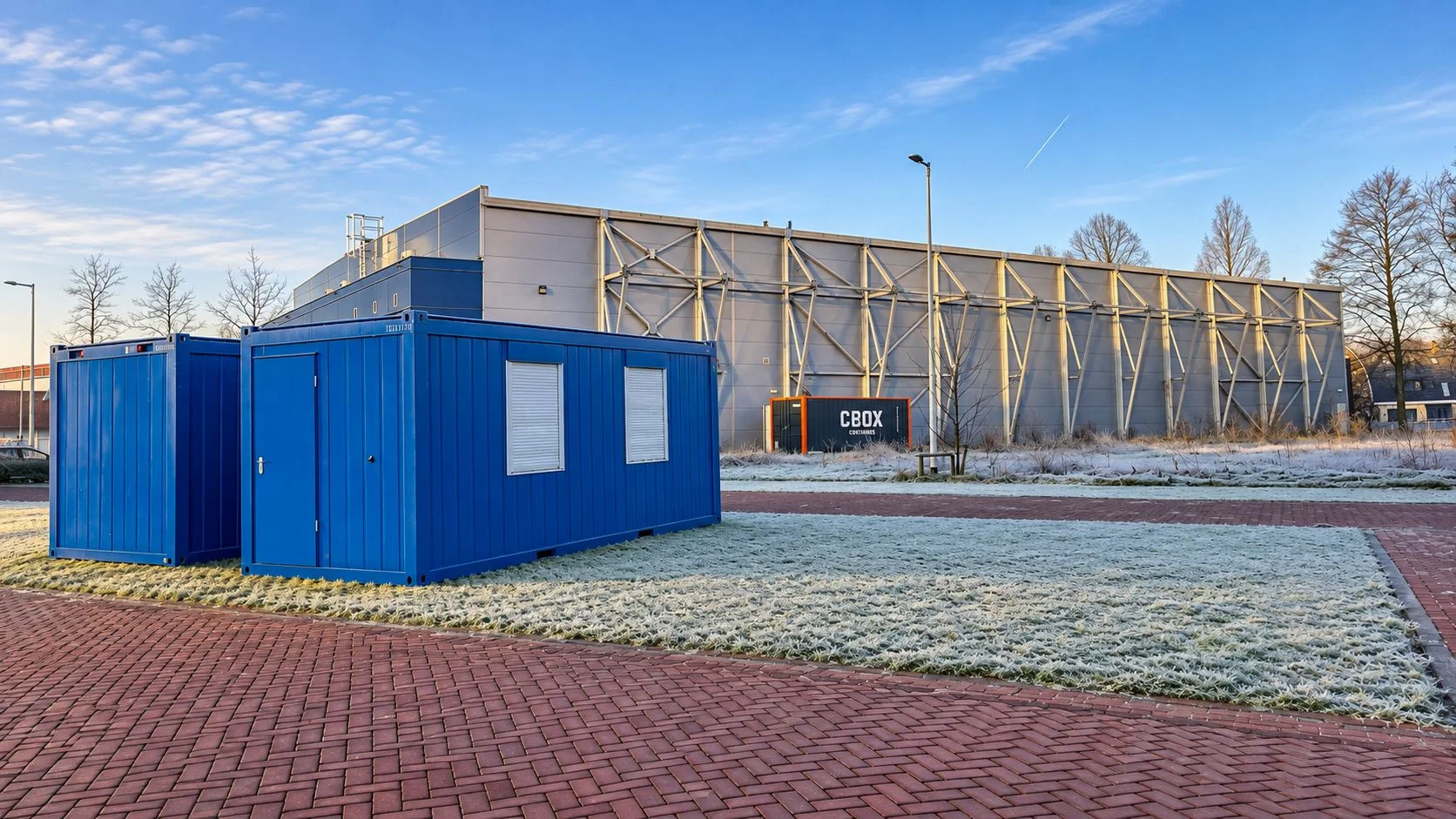 ten 20ft cabin containers were combined to create a substantial two-storey building