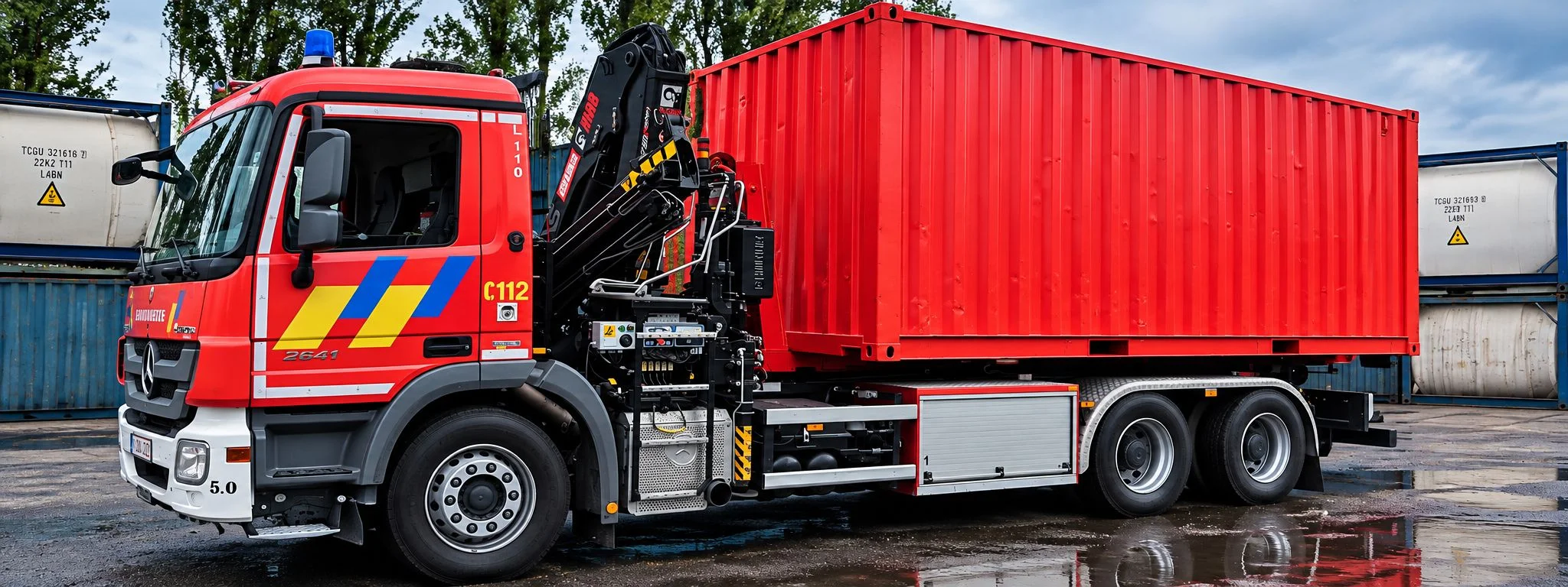 Red CBOX fire service training container used for firefighter exercises in West Flanders Belgium
