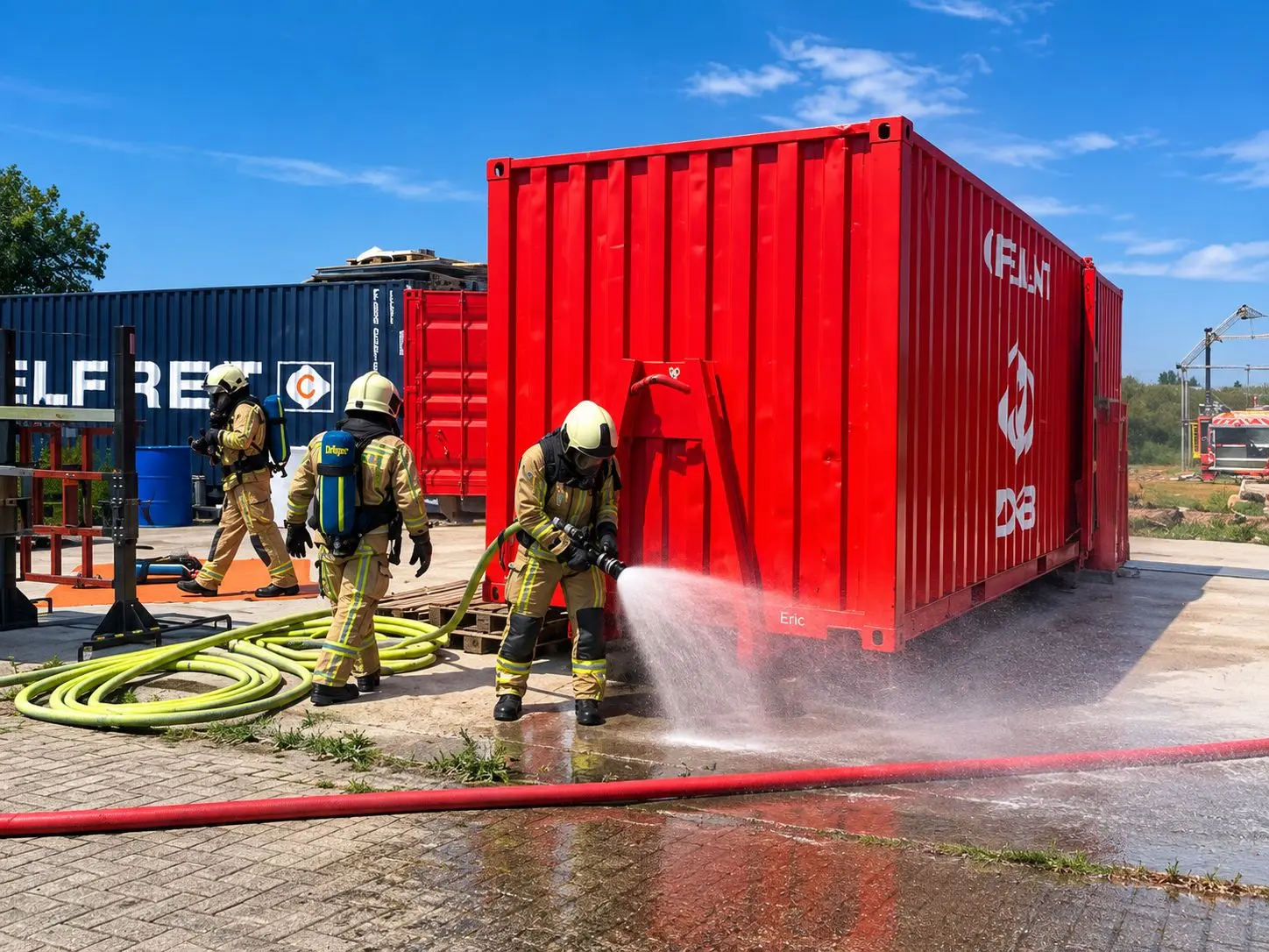 red modified fire service training container during an exercise