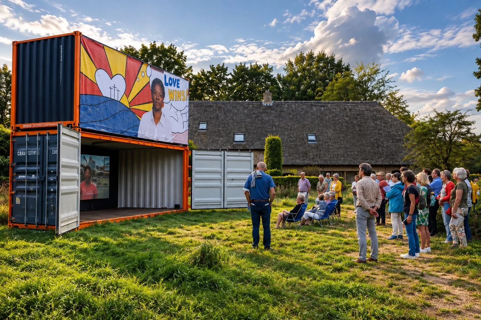 Visitors watching a video artwork displayed inside an open-sided shipping container
