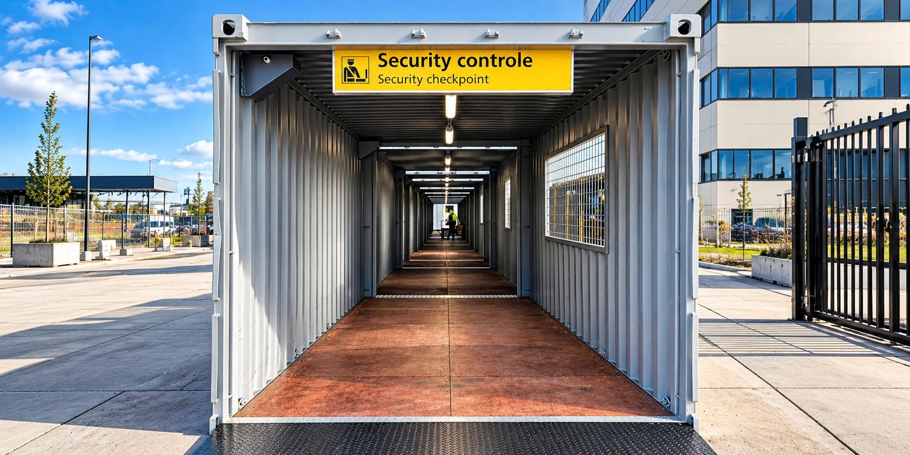 CBOX walk-through containers creating a temporary pedestrian passage at Schiphol Airport
