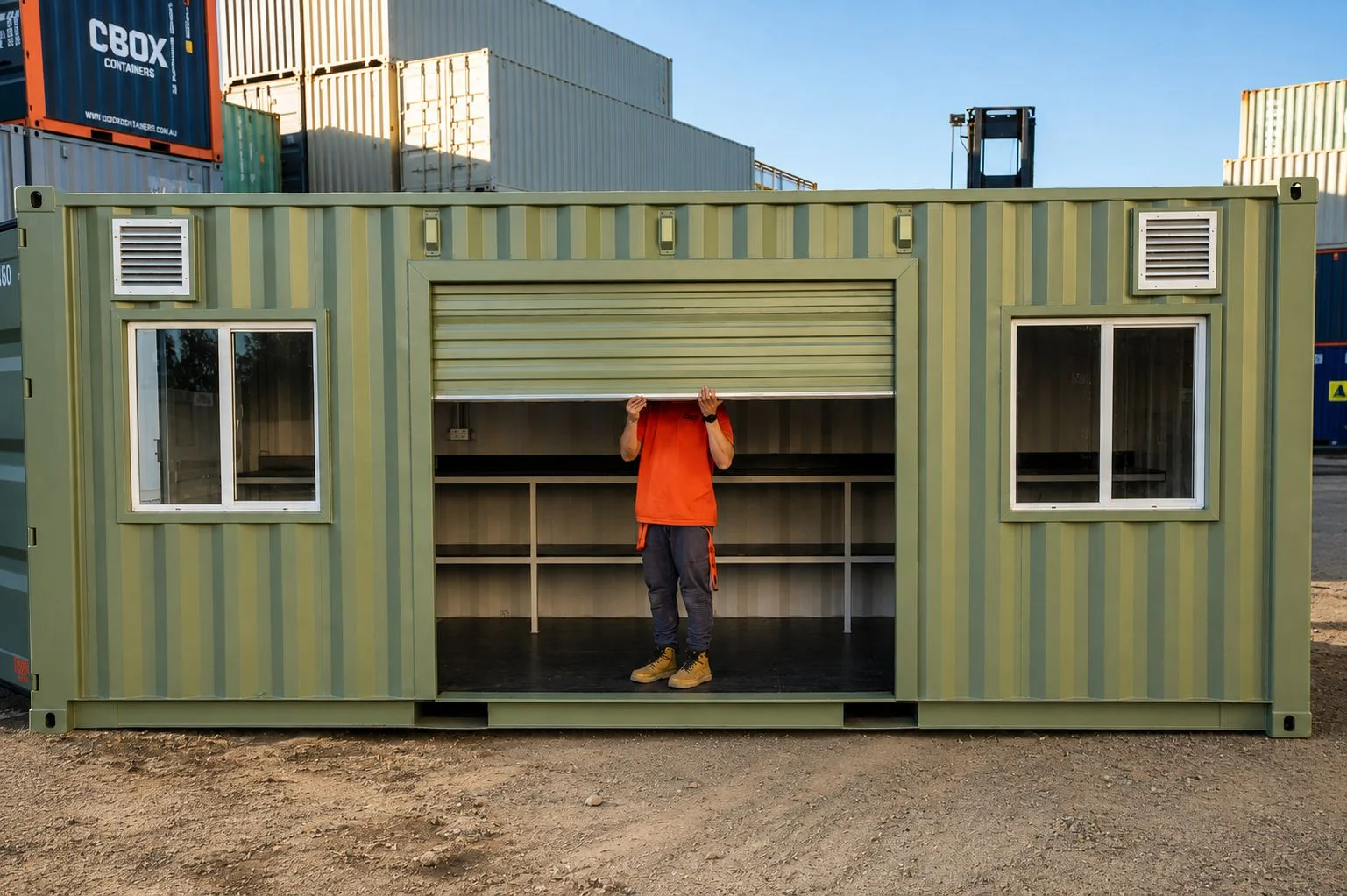 CBOX containers stacked in a depot
