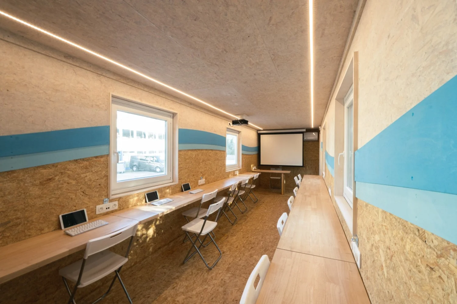 interior of the modified 40ft container with workstations